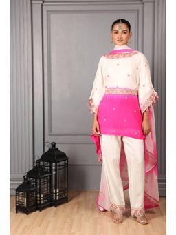 "Two Sisters" by Gyans - White Georgette Embroidered Boat Neck Kaftan Kurta With Pant And Dupatta
