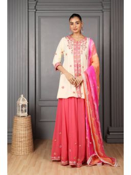 "Two Sisters" by Gyans - Women Pink Silk Embroidered Kurti with Palazzo and Dupatta