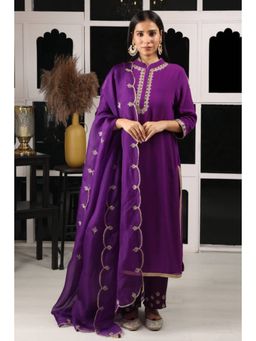 "Two Sisters" by Gyans - Women Purple Georgette Embroidered Kurta with Pant and Dupatta
