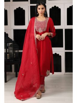 "Two Sisters" by Gyans - Women Red Georgette Embroidered Kurta with Pant and Dupatta