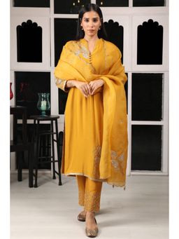 "Two Sisters" by Gyans - Mustard Georgette Embroidered Mandarin Neck Kurta With Pant And Dupatta