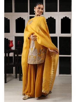 "Two Sisters" by Gyans - Mustard Georgette Embroidered Round Neck Kurta With Sharara And Dupatta