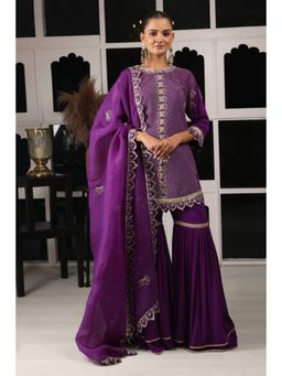 "Two Sisters" by Gyans - Purple Georgette Embroidered Round Neck Kurta With Sharara And Dupatta