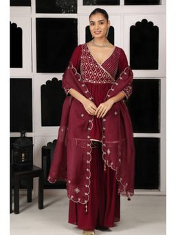"Two Sisters" by Gyans - Maroon Georgette Embroidered V-Neck Kurta With Sharara And Dupatta