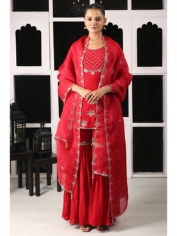"Two Sisters" by Gyans - Red Embroidered Kurta Sharara Set