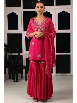 "Two Sisters" by Gyans - Pink Georgette Floral V-Neck Kurta With Sharara And Dupatta