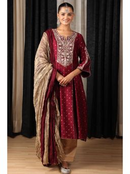 "Two Sisters" by Gyans - Maroon Embroidered Kurta With Beige Pants
