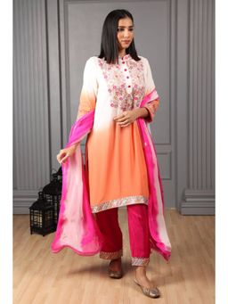 "Two Sisters" by Gyans - Multi-Color Silk Ombre Mandarin Neck Kurta With Pant And Dupatta