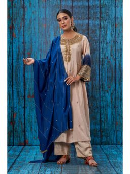 Label Niti Bothra - Ivory Blue Ombre Heavy Pitta Neck Kurta With Palazzo And Dupatta