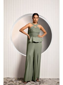 "Two Sisters" by Gyans - Green Georgette Embroidered Halter Neck Top And Palazzo