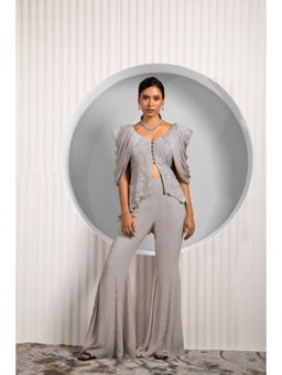 "Two Sisters" by Gyans - Chrysanthemum Grey Cowl Power Sleeve And Bell Bottom Pant Set