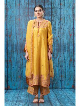 Label Niti Bothra - Mustard Kairi Buta Jaal Long Kurta With Palazzo And Dupatta