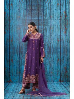 Label Niti Bothra - Purple Kairi Buta Jaal Long Kurta With Palazzo And Dupatta