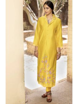 "Two Sisters" by Gyans - Women Yellow Chanderi Silk Embroidered Kurta with Pant