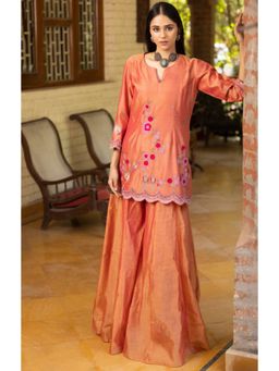 "Two Sisters" by Gyans - Women Orange Chanderi Silk Embroidered Kurta with Sharara