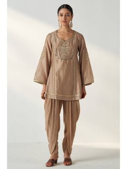 "Two Sisters" by Gyans - Women Beige Chanderi Silk Embroidered Kurta with Dhoti Pant