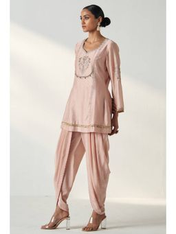 "Two Sisters" by Gyans - Women Pink Chanderi Silk Embroidered Kurta with Dhoti Pant