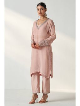 "Two Sisters" by Gyans - Pink Organza Kurta Pant Set With Detailed Zari And Sequins Work