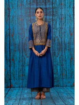 Label Niti Bothra - Blue Lotus Yoke Heavy Neck Kurta With Palazzo