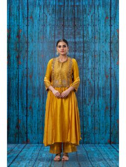 Label Niti Bothra - Mustard Lotus Yoke Heavy Neck Kurta With Palazzo And Dupatta