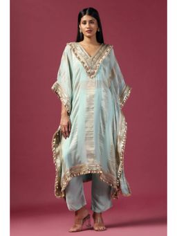"Two Sisters" by Gyans - Blue Organza Woven V-Neck Kaftan Kurta And Pant