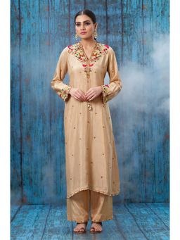 Label Niti Bothra - Ivory Multicolour French Knot Kurta With Palazzo