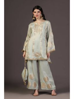 "Two Sisters" by Gyans - Mystic Green Leather Applique Neem Zari Hand Embroidered Tissue Kurta with Pant