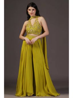 "Two Sisters" by Gyans - Women Green Crepe Embroidered Blouse with Sharara and Dupatta