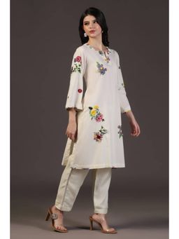 "Two Sisters" by Gyans - Women White Cotton Floral Kurta with Pant