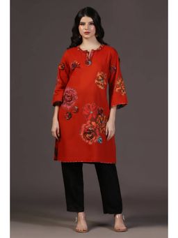 "Two Sisters" by Gyans - Ruby Rhapsody Red Applique Printed Work Kurta And Bottom