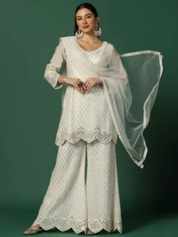 "Two Sisters" by Gyans - The Embroidered White Kurti with Sharara and Dupatta