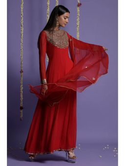 "Two Sisters" by Gyans - Red Mirror Work Georgette Anarkali Set (Ready To Ship)