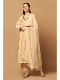 "Two Sisters" by Gyans - Beige Silk Solid V-Neck Kurta with Pant and Dupatta