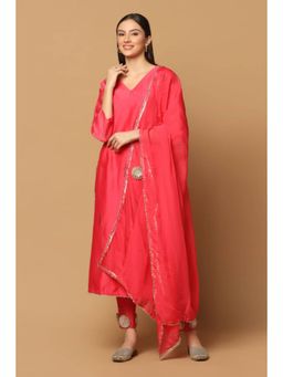 "Two Sisters" by Gyans - Pink Silk Solid/Plain V-Neck Kurta With Pant And Dupatta