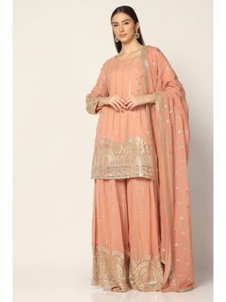 "Two Sisters" by Gyans - Peach Georgette Embroidered Round Neck Kurta With Sharara And Dupatta