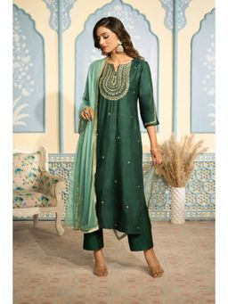 "Two Sisters" by Gyans - Green Satin Embroidered Round Neck Kurta With Pant And Dupatta