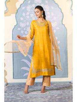 "Two Sisters" by Gyans - Yellow Satin Embroidered Round Neck Kurta With Pant And Dupatta