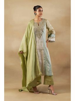 "Two Sisters" by Gyans - Green Long Kalidar Suit Set With Banarasi Palazzo And Silk Dupatta