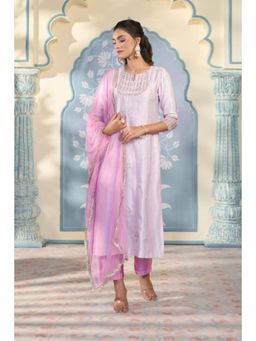 "Two Sisters" by Gyans - Lavender Satin Embroidered Round Neck Kurta With Pant And Dupatta