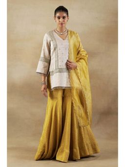 "Two Sisters" by Gyans - Silver Tissue Short Kurta With Mustard Bandhani Garara Dupatta