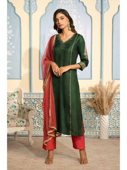 "Two Sisters" by Gyans - Embroidered Bottle Green Kurta With Scarlet Pants (Ready To Ship)