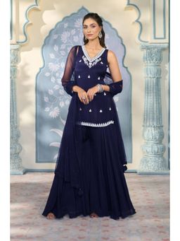 "Two Sisters" by Gyans - Navy Blue Georgette Embroidered V-Neck Kurta With Sharara And Dupatta