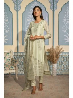 "Two Sisters" by Gyans - Ivory Silk Embroidered Round Neck Kurta With Pant And Dupatta