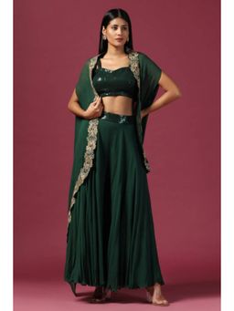 "Two Sisters" by Gyans - Green Georgette Embroidered Shoulder Straps Top With Sharara And Cape