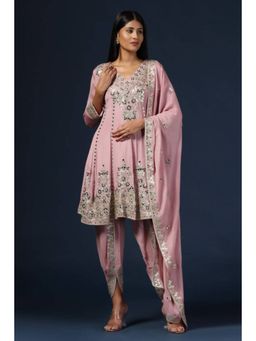 "Two Sisters" by Gyans - Purple Georgette Embroidered V-Neck Kurta With Dhoti Pant And Dupatta