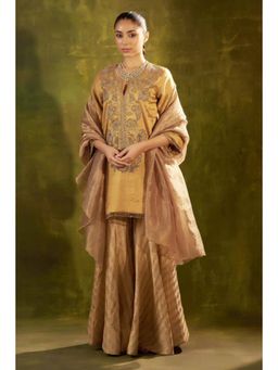"Two Sisters" by Gyans - Gold Tissue Embroidered Round Neck Kurta With Sharara And Dupatta