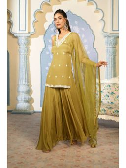 "Two Sisters" by Gyans - Women Green Georgette Solid Kurta with Sharara and Dupatta
