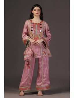 "Two Sisters" by Gyans - Pink Tissue Embroidered Round Neck Kurta With Palazzo And Dupatta