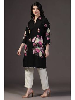 "Two Sisters" by Gyans - Black 3 D Floral Printed Applique Cotton Kurta With Bottom