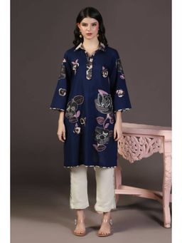 "Two Sisters" by Gyans - Ocean Breeze Navy Blue Printed And Applique Kurta And Bottom